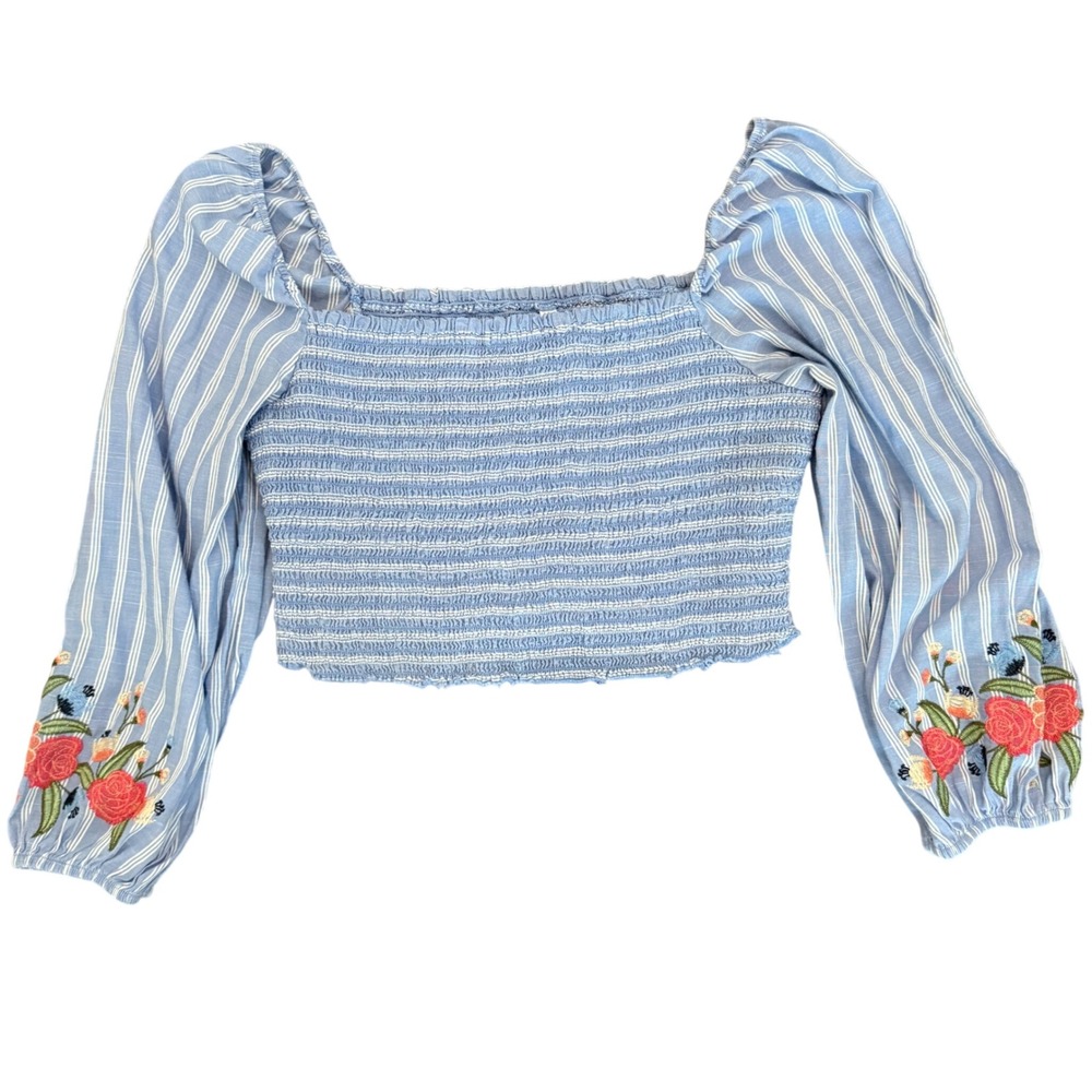 Xhilaration Smocked Off Shoulder Crop Top Womens L Blue Striped Coquette Boho